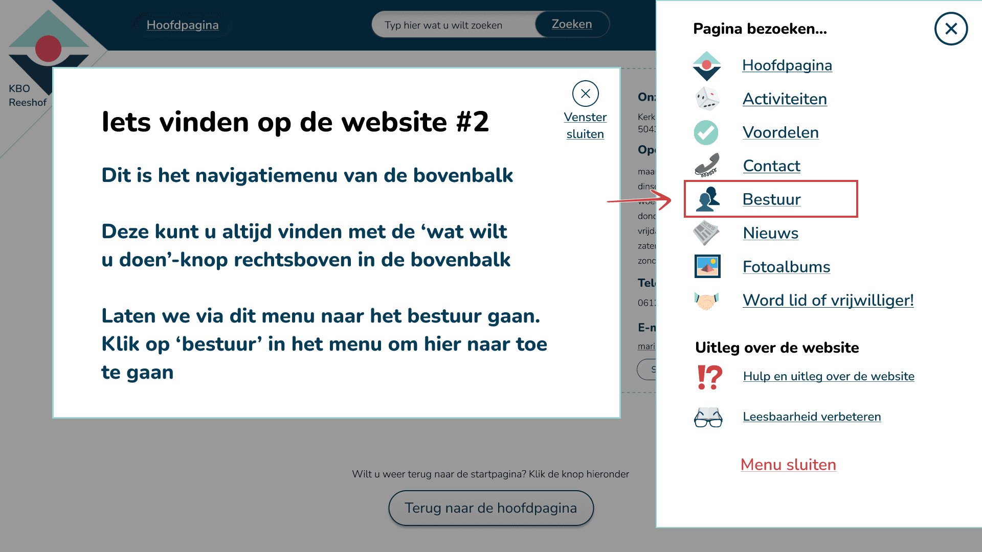KBO Reeshof Menu uitgeklapt